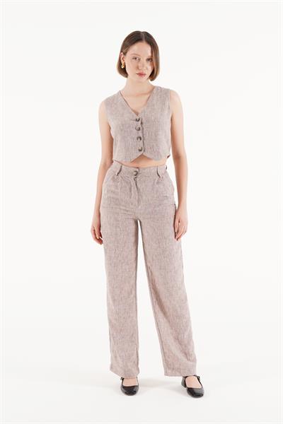 Keten Yelek Pantolon Kahverengi İkili Takım	