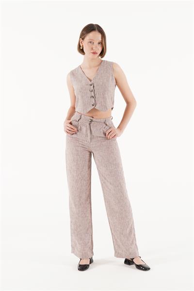 Keten Yelek Pantolon Kahverengi İkili Takım	