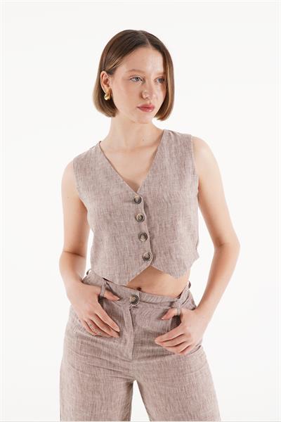 Keten Yelek Pantolon Kahverengi İkili Takım	