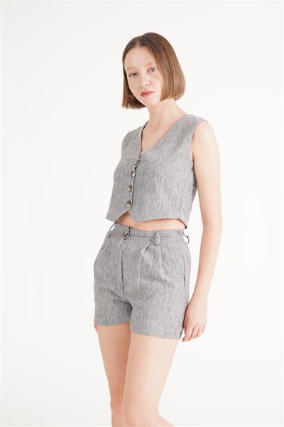 Yelek Şort Antrasit Keten İkili Takım