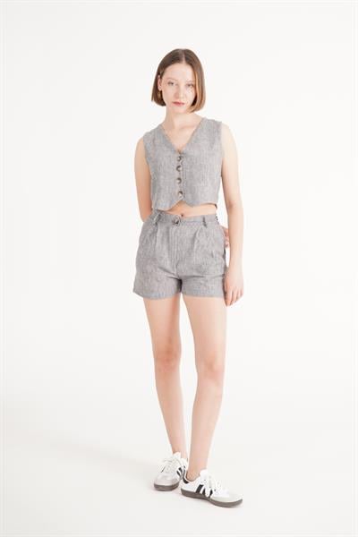 Yelek Şort Antrasit Keten İkili Takım