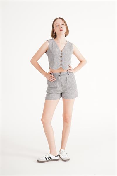 Yelek Şort Antrasit Keten İkili Takım