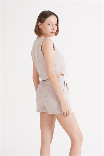 Yelek Şort Bej Keten İkili Takım