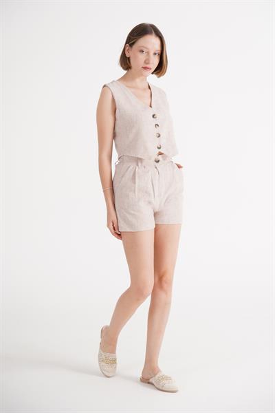 Yelek Şort Bej Keten İkili Takım