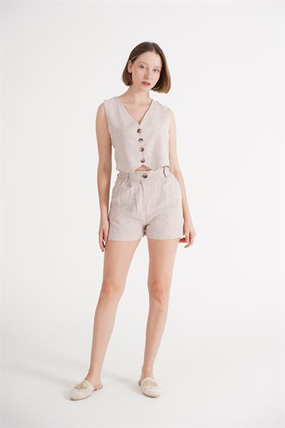 Yelek Şort Bej Keten İkili Takım