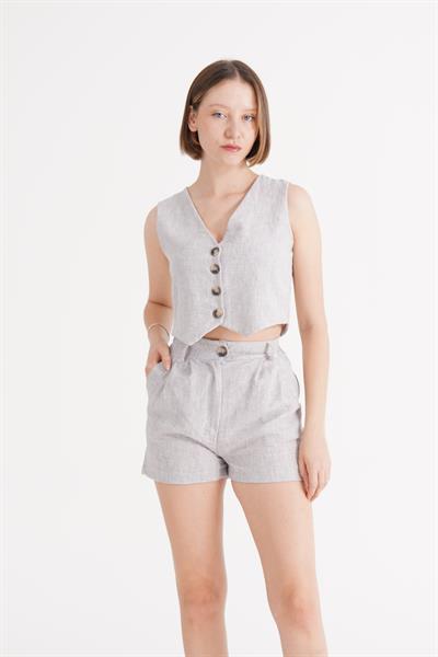 Yelek Şort Gri Keten İkili Takım