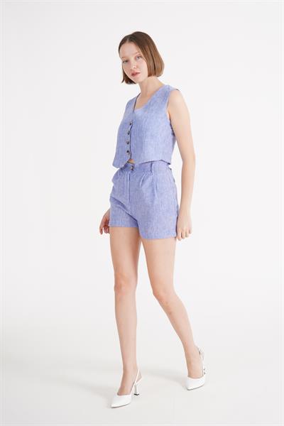 Yelek Şort İndigo Keten İkili Takım