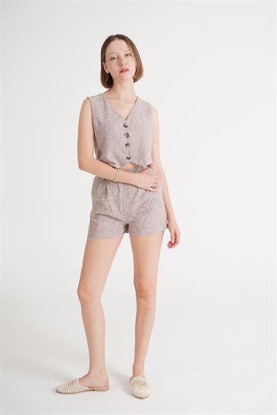 Yelek Şort Kahve Keten İkili Takım