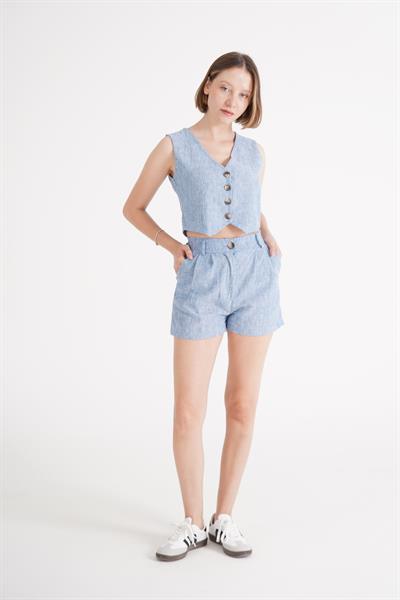 Yelek Şort Mavi Keten İkili Takım