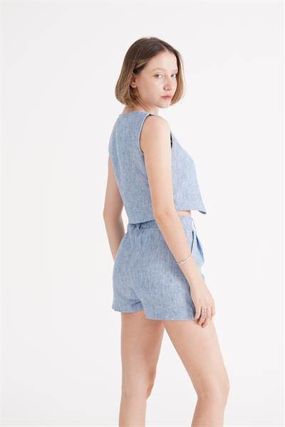 Yelek Şort Mavi Keten İkili Takım