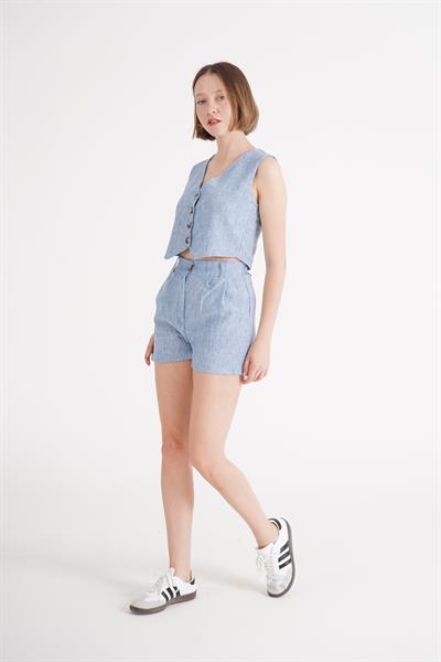 Yelek Şort Mavi Keten İkili Takım