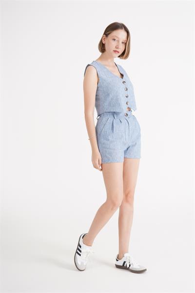 Yelek Şort Mavi Keten İkili Takım