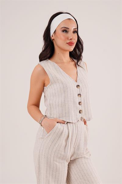 Yelek ve Pantolon Saks Şeritli İkili Takım