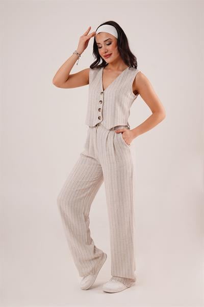 Yelek ve Pantolon Saks Şeritli İkili Takım