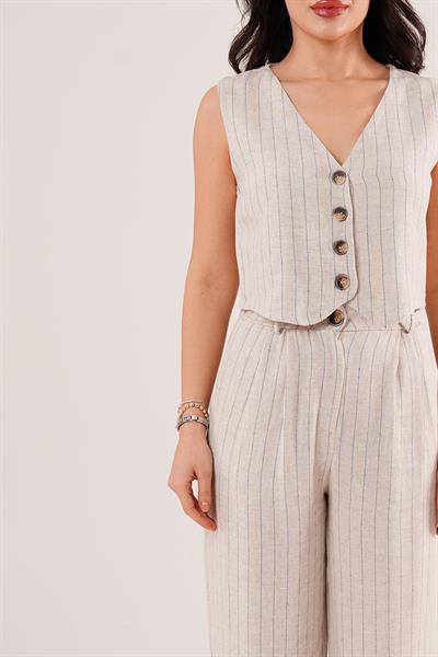 Yelek ve Pantolon Saks Şeritli İkili Takım