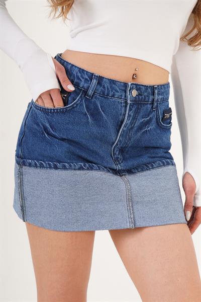 Yıkamalı Model Katlama Detaylı Cepli Mini Kot Mavi Etek
