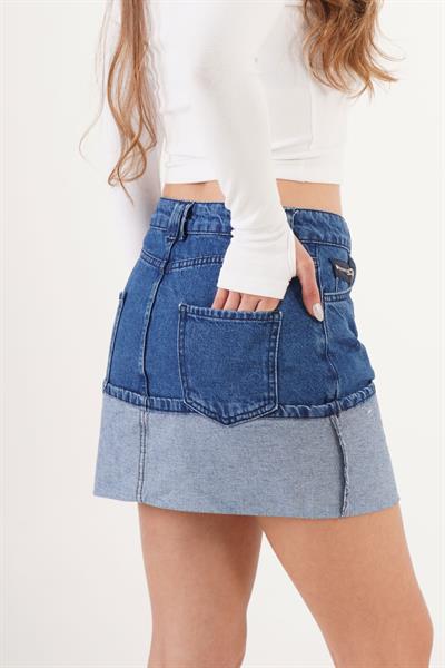 Yıkamalı Model Katlama Detaylı Cepli Mini Kot Mavi Etek