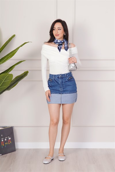 Yıkamalı Model Katlama Detaylı Cepli Mini Kot Mavi Etek
