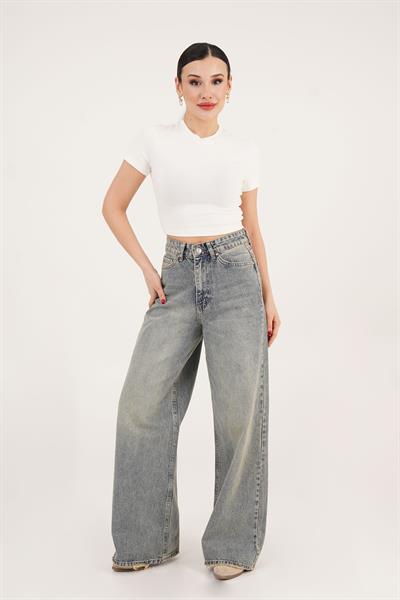Yıkamalı Yüksek Bel Bol Paça Baggy Jean