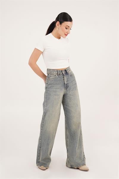Yıkamalı Yüksek Bel Bol Paça Baggy Jean