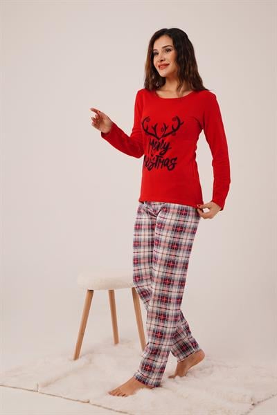Yılbaşı Baskılı Merry Christmas Bakılı Kırmızı Pijama Takımı