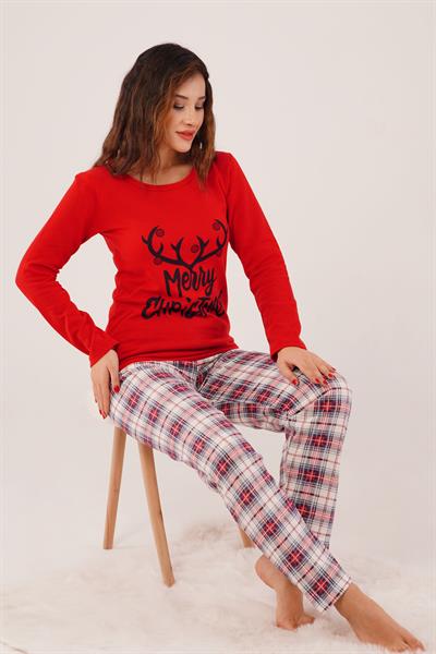 Yılbaşı Baskılı Merry Christmas Bakılı Kırmızı Pijama Takımı
