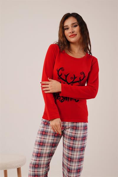 Yılbaşı Baskılı Merry Christmas Bakılı Kırmızı Pijama Takımı