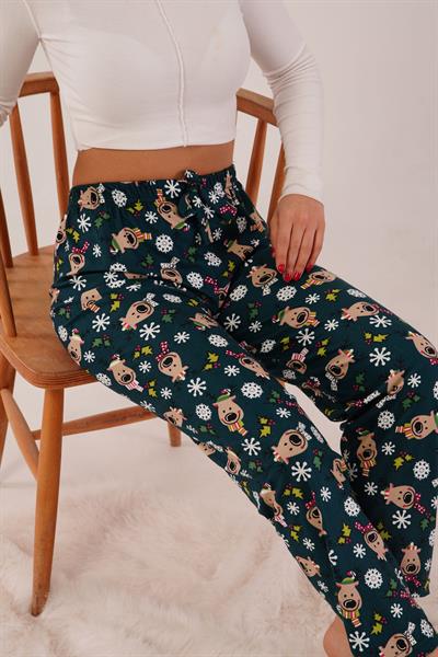 Yılbaşı Konseptli Lastikli Zümrüt Yeşili  Süet Pijama Altı