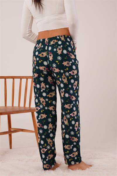 Yılbaşı Konseptli Lastikli Zümrüt Yeşili  Süet Pijama Altı