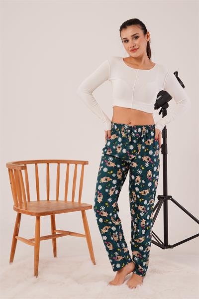 Yılbaşı Konseptli Lastikli Zümrüt Yeşili  Süet Pijama Altı