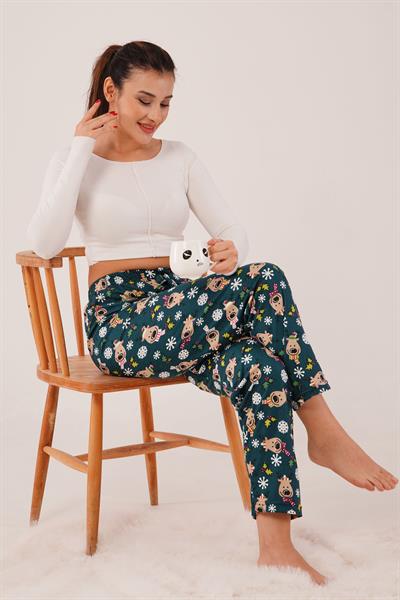 Yılbaşı Konseptli Lastikli Zümrüt Yeşili  Süet Pijama Altı