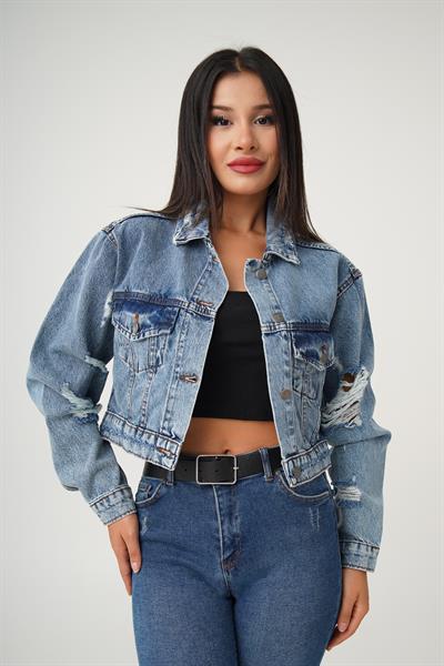 Yırtık Detay Kısa Kot Ceket