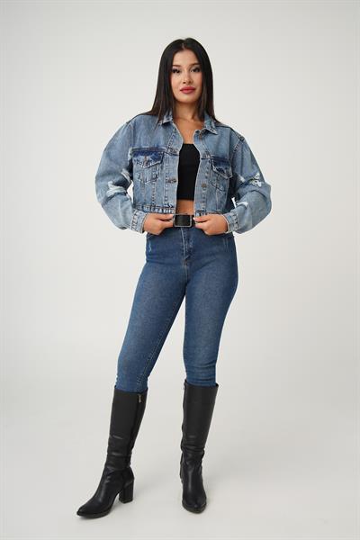 Yırtık Detay Kısa Kot Ceket