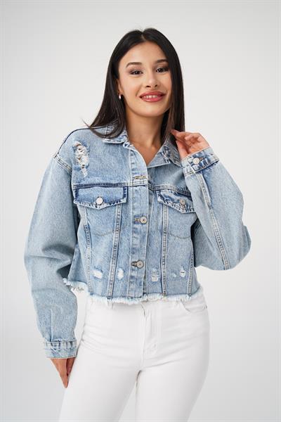 Yırtık Detaylı Cepli Denim Ceket