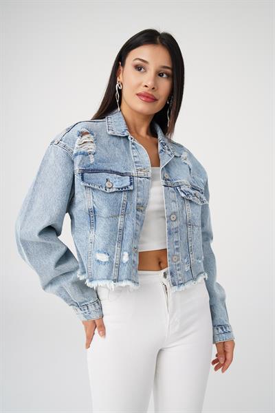 Yırtık Detaylı Cepli Denim Ceket