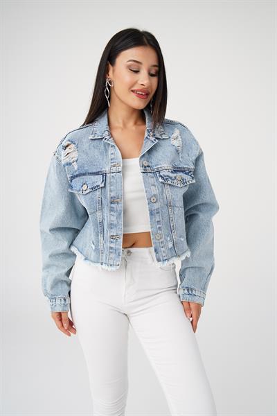 Yırtık Detaylı Cepli Denim Ceket