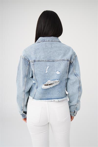 Yırtık Detaylı Cepli Denim Ceket