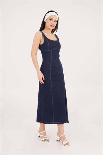 Yırtmaç Detaylı Askılı Midi Boy Koyu Mavi Kot Elbise