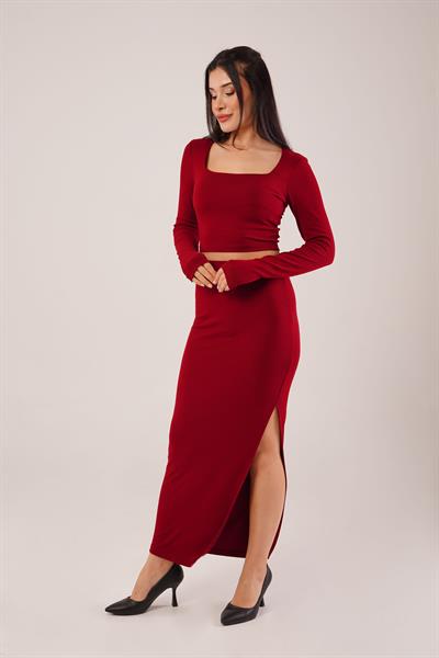 Yırtmaçlı Crop Etek Bordo İkili Takım