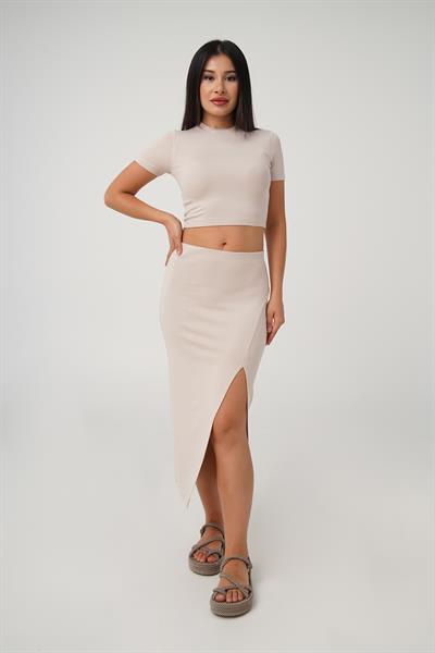 Yırtmaçlı Etek Crop Basic Bej İkili Takım