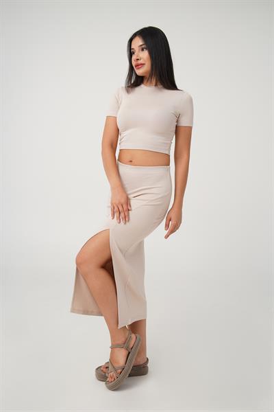 Yırtmaçlı Etek Crop Basic Bej İkili Takım