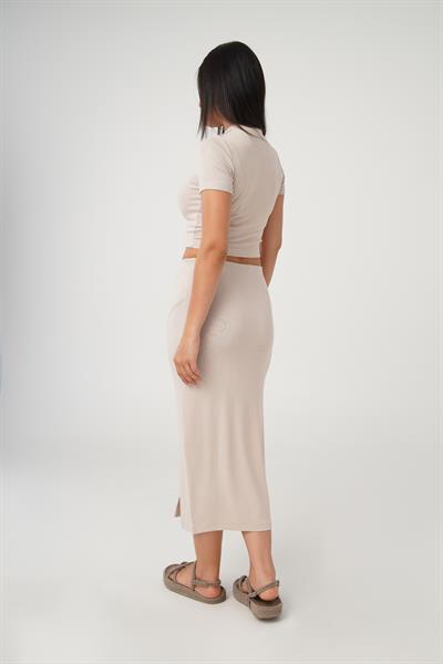 Yırtmaçlı Etek Crop Basic Bej İkili Takım