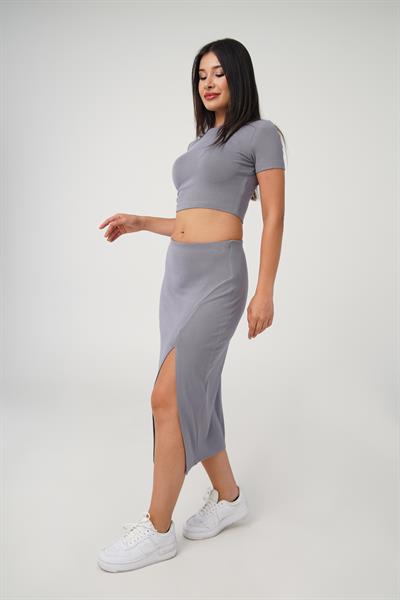 Yırtmaçlı Etek Crop Basic Gri İkili Takım