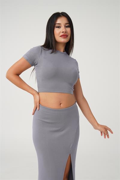 Yırtmaçlı Etek Crop Basic Gri İkili Takım