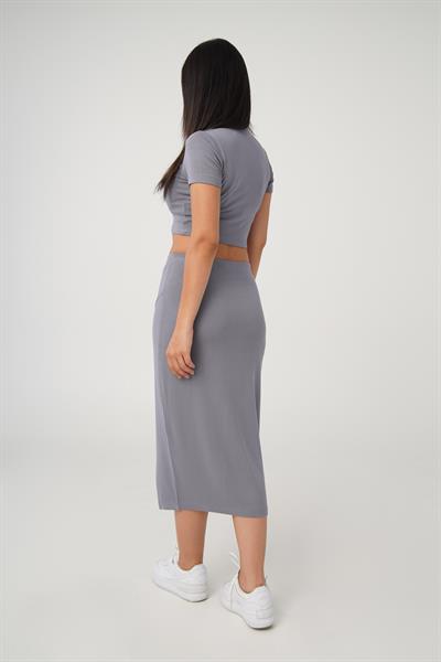 Yırtmaçlı Etek Crop Basic Gri İkili Takım