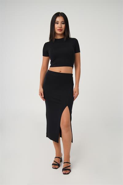 Yırtmaçlı Etek Crop Basic Siyah İkili Takım