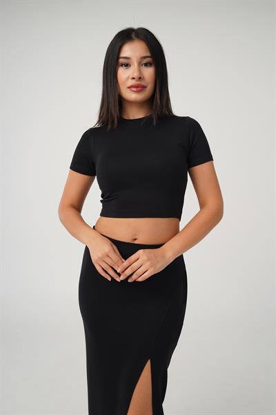 Yırtmaçlı Etek Crop Basic Siyah İkili Takım