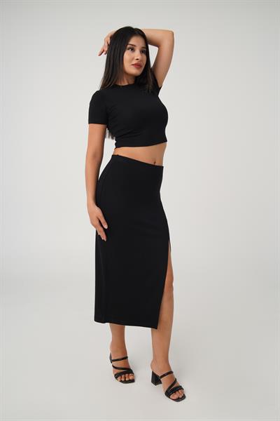 Yırtmaçlı Etek Crop Basic Siyah İkili Takım