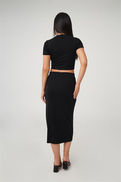 Yırtmaçlı Etek Crop Basic Siyah İkili Takım