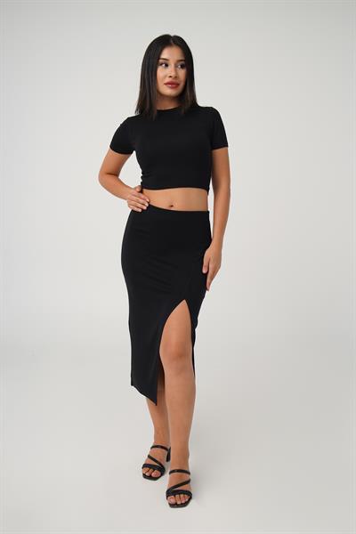 Yırtmaçlı Etek Crop Basic Siyah İkili Takım